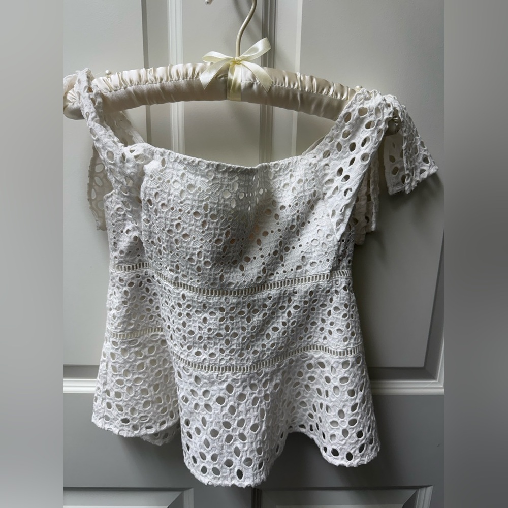 Rebecca Taylor White Eyelet Off-Shoulder Peplum Top
